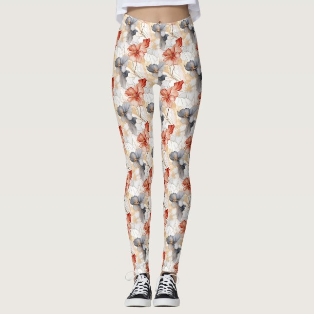 Beautiful Feminine Peach Blue and White Floral Leggings (Front)