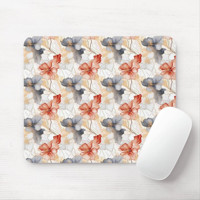 Beautiful Feminine Peach Blue and White Floral Mouse Mat (With Mouse)