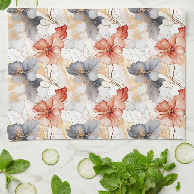 Beautiful Feminine Peach Blue and White Floral Tea Towel (Folded)