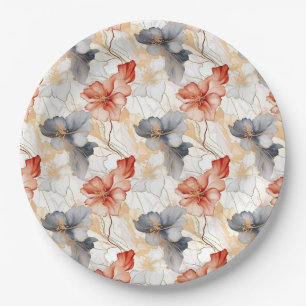 Beautiful Feminine Peach Red Blue and White Floral Paper Plate