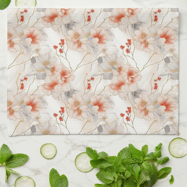 Beautiful Feminine Peach Red Floral Tea Towel (Folded)