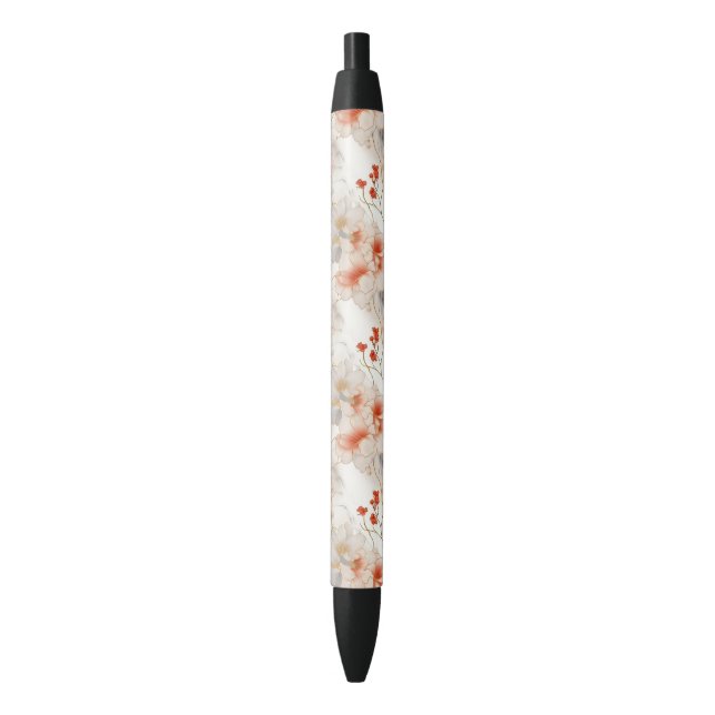 Beautiful Feminine Peach Red White Floral Black Ink Pen (Front Vertical)
