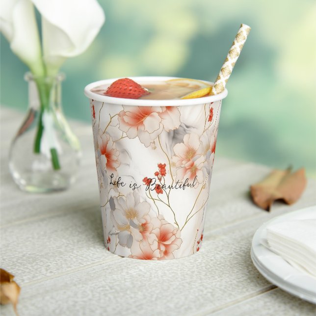 Beautiful Feminine Peach Red White Floral Paper Cups (Insitu)