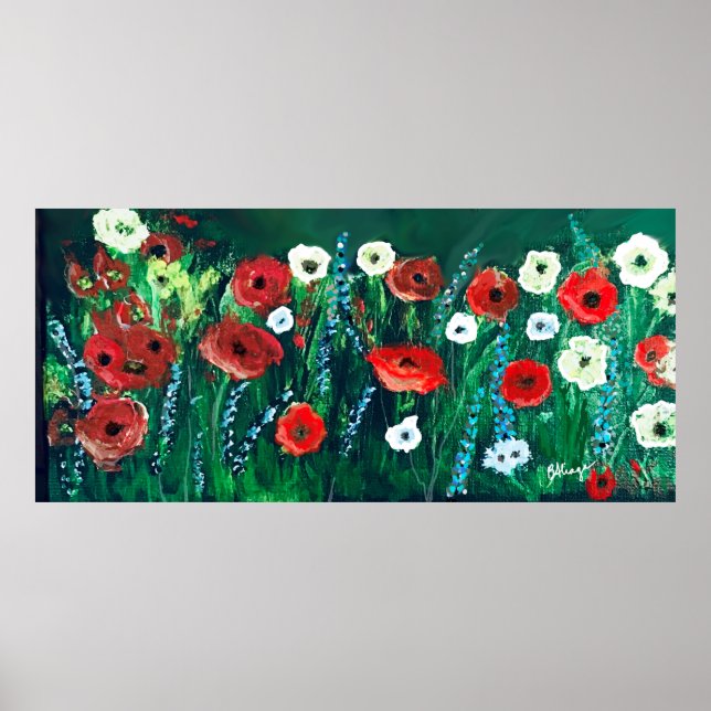 Beautiful Field of Poppies Orange-Red,White&Blue Poster (Front)