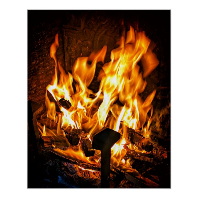 Beautiful fire in ancient fireplace poster (Front)