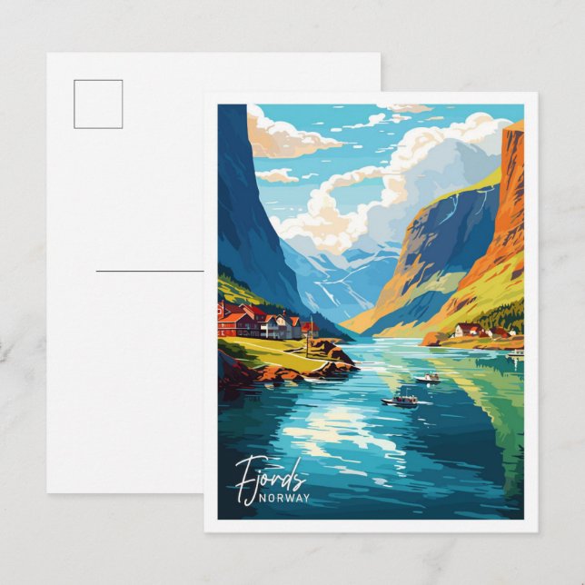 Beautiful Fjords Norway Art Travel illustration Postcard (Front/Back)