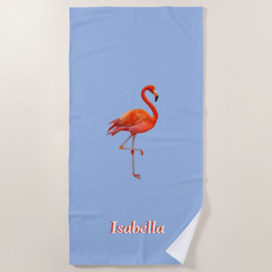 Beautiful flamingo on light blue personalised beach towel