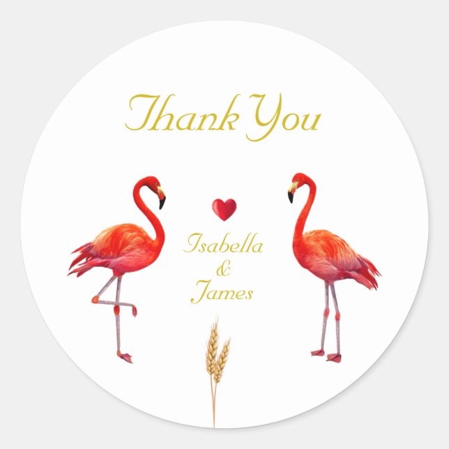 Beautiful Flamingos on Golden and White Thank You Classic Round Sticker (Front)