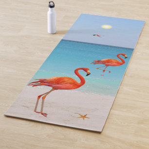 Beautiful Flamingos on the Beach Yoga Mat