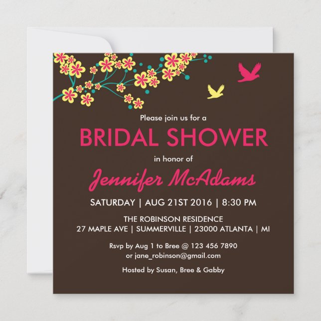 Beautiful Floral and Bird Bridal Shower Invitation (Front)