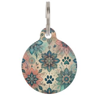 Beautiful Floral and Paw Prints Pet Tag