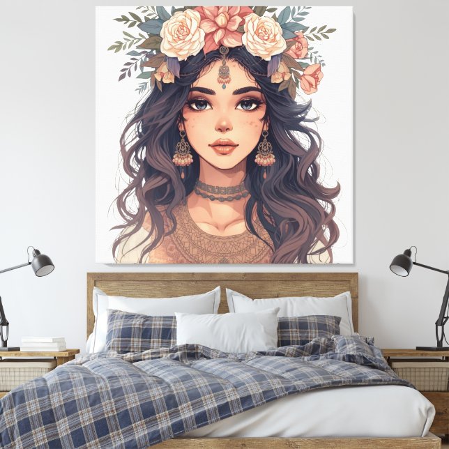 Beautiful Floral Anime Girl – Soft Pastel Aesthe Canvas Print (Insitu(Bedroom))
