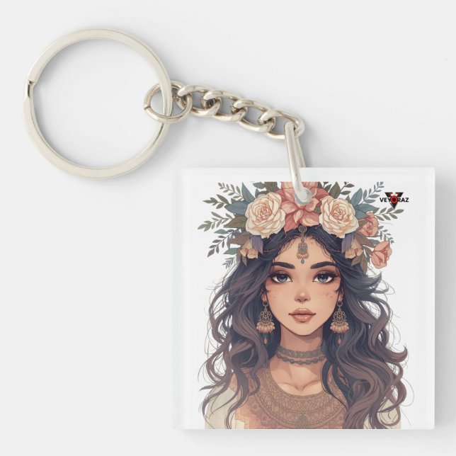 Beautiful Floral Anime Girl – Soft Pastel Aesthe Key Ring (Front)