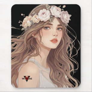Beautiful Floral Anime Girl – Soft Pastel Aesthe Mouse Mat
