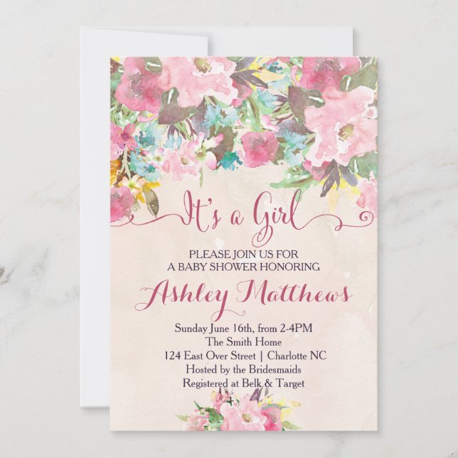 Beautiful Floral Baby Shower Invitation, Baby Invitation (Front)