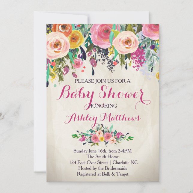 Beautiful Floral Baby Shower Invitation, Baby Invitation (Front)