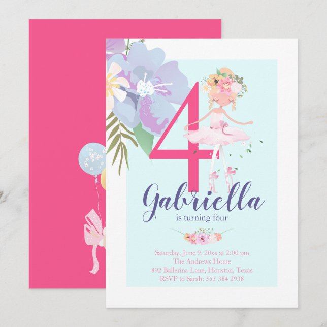 Beautiful Floral Ballerina Birthday Invitation (Front/Back)