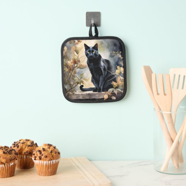 Beautiful Floral Black Cat Pot Holder (Insitu(Hanging))