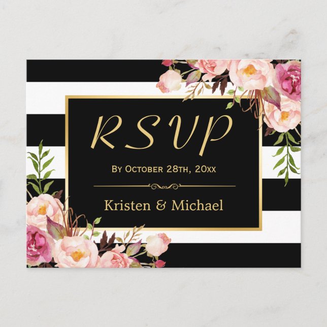 Beautiful Floral Black White Stripes Wedding RSVP Invitation Postcard (Front)