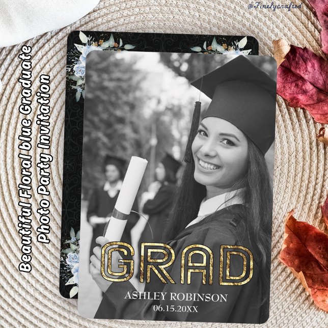 Beautiful Floral blue Graduate Photo Party Invitation (Creator Uploaded)