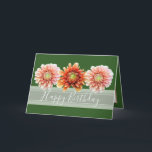 Beautiful Floral Bouquet Orange Dahlias Birthday Card<br><div class="desc">Three beautiful coral pink and orange dahlia flowers against a green colour background. The birthday greeting text uses an attractive script typography font over a translucent white ribbon. The flowers cover the front of this card which can be used as a thank you card, a birthday card, or any other...</div>