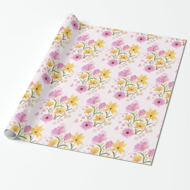 Beautiful Floral Bouquet Pinks Yellows Watercolor Wrapping Paper (Unrolled)