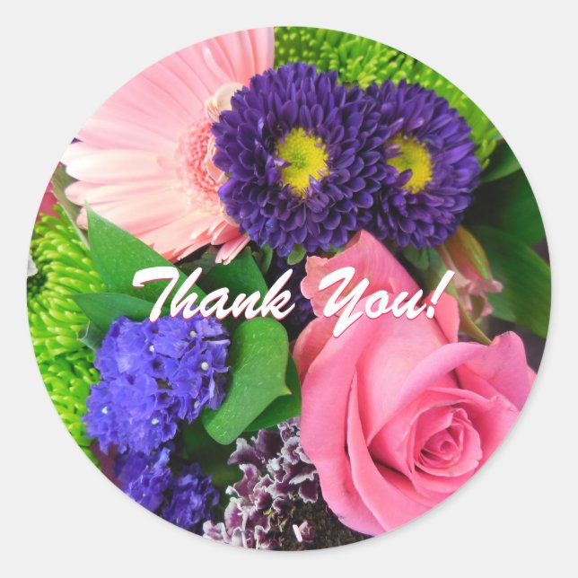 Beautiful Floral Bouquet, Thank You! Classic Round Sticker (Front)