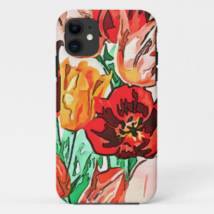 Beautiful Floral Bouquet Tulips Black Outline Art iPhone 11 Case