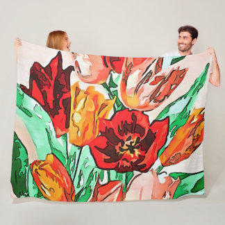 Beautiful Floral Bouquet Tulips Black Outline Art Fleece Blanket