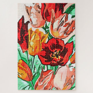 Beautiful Floral Bouquet Tulips Black Outline Art Jigsaw Puzzle