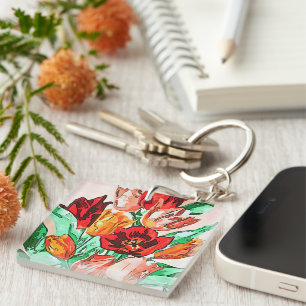 Beautiful Floral Bouquet Tulips Black Outline Art Key Ring