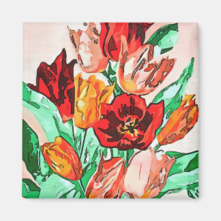 Beautiful Floral Bouquet Tulips Black Outline Art Magnet
