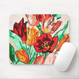 Beautiful Floral Bouquet Tulips Black Outline Art Mouse Mat