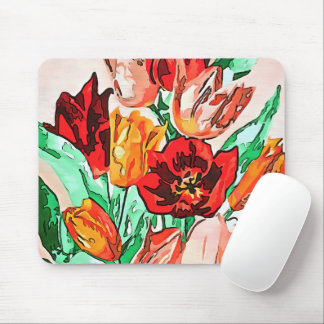 Beautiful Floral Bouquet Tulips Black Outline Art Mouse Mat