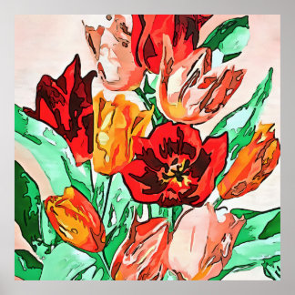 Beautiful Floral Bouquet Tulips Black Outline Art Poster