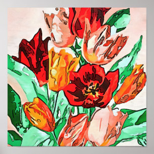 Beautiful Floral Bouquet Tulips Black Outline Art Poster