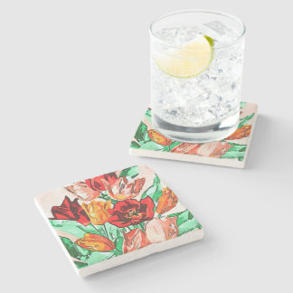 Beautiful Floral Bouquet Tulips Black Outline Art Stone Coaster