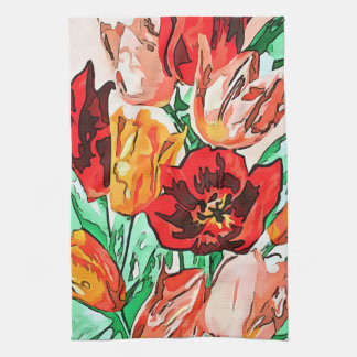 Beautiful Floral Bouquet Tulips Black Outline Art Tea Towel