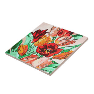 Beautiful Floral Bouquet Tulips Black Outline Art Tile