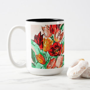 Beautiful Floral Bouquet Tulips Black Outline Art Two-Tone Coffee Mug
