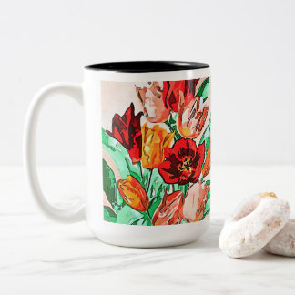 Beautiful Floral Bouquet Tulips Black Outline Art Two-Tone Coffee Mug