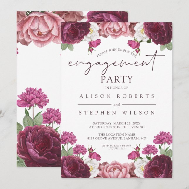 Beautiful Floral Burgundy Engagement Party Invitation (Front/Back)