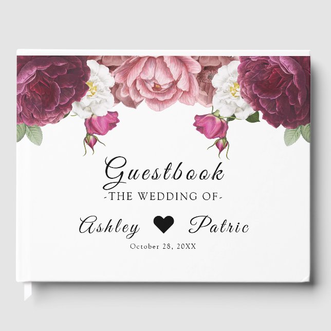 Beautiful Floral Burgundy Wedding Guest Book (Front)