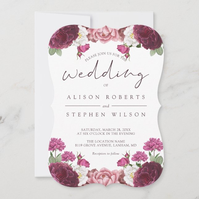 Beautiful Floral Burgundy Wedding Invitation (Front)