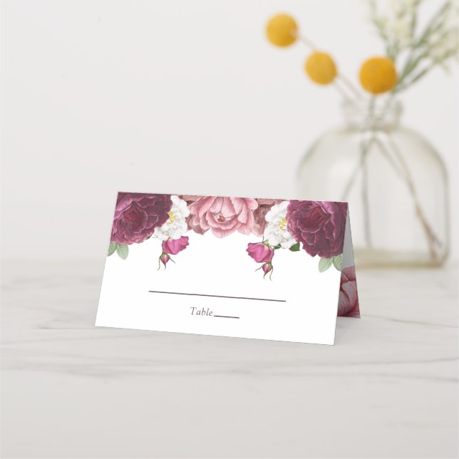 Beautiful Floral Burgundy Wedding Place Card (Front)