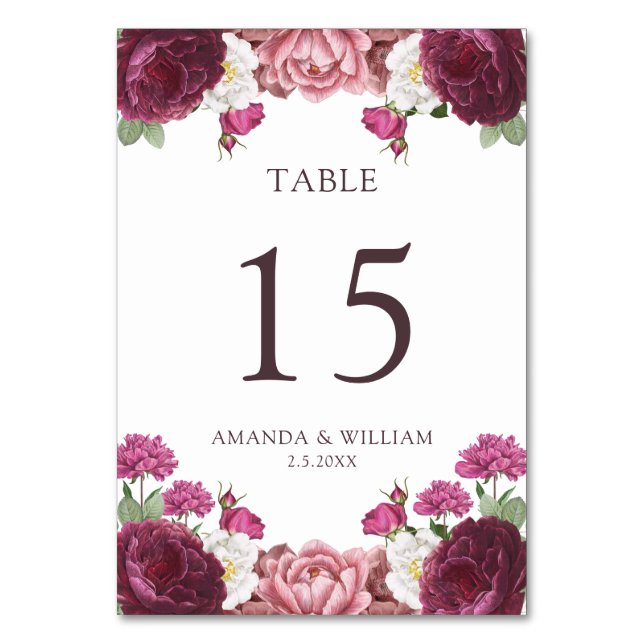 Beautiful Floral Burgundy Wedding Table Number (Front)