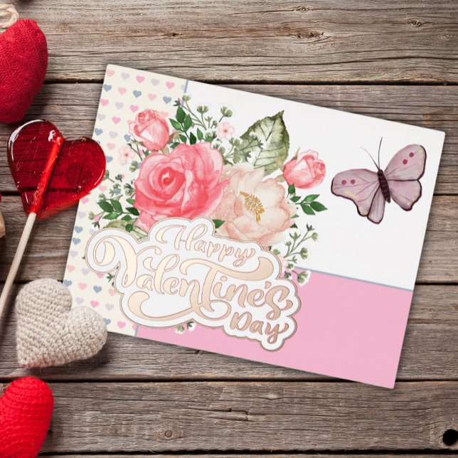 Beautiful Floral & Butterfly Valentine's Day Foil Holiday Postcard (Creator Uploaded)