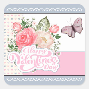 Beautiful Floral & Butterfly Valentine's Day Square Sticker