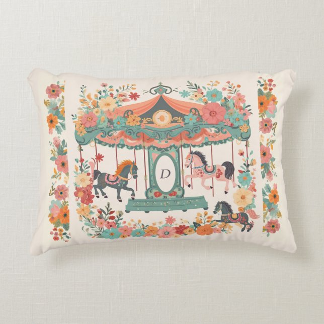 Beautiful Floral Carousel Horse Custom Monogram Decorative Cushion (Front)