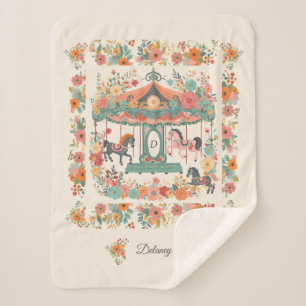 Beautiful Floral Carousel Horse Custom Monogram Sherpa Blanket